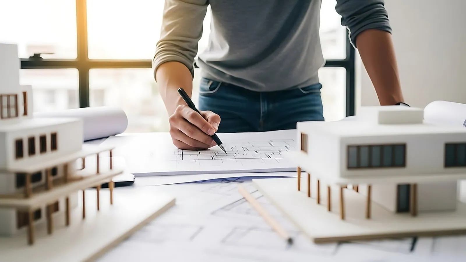 Plans and a model house on a table.