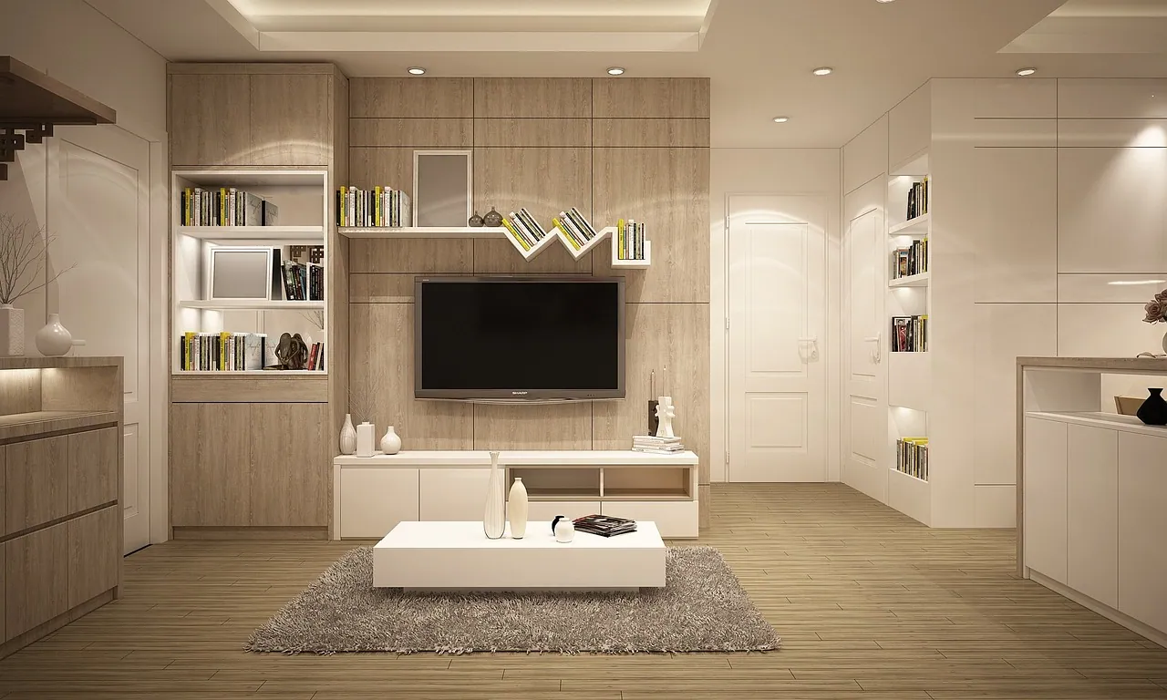 A bright open-plan living room.