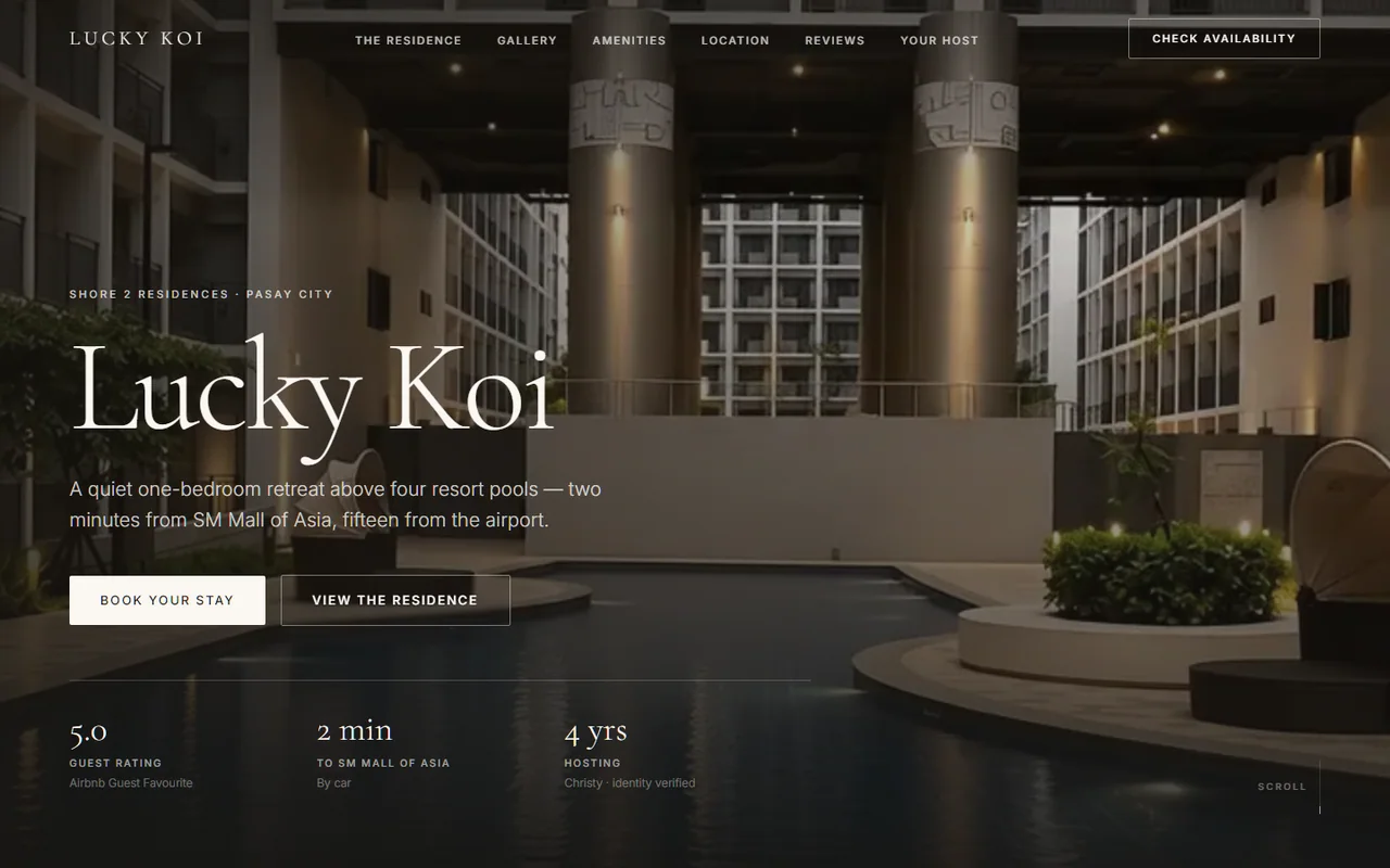 Lucky Koi holiday rental website home page.