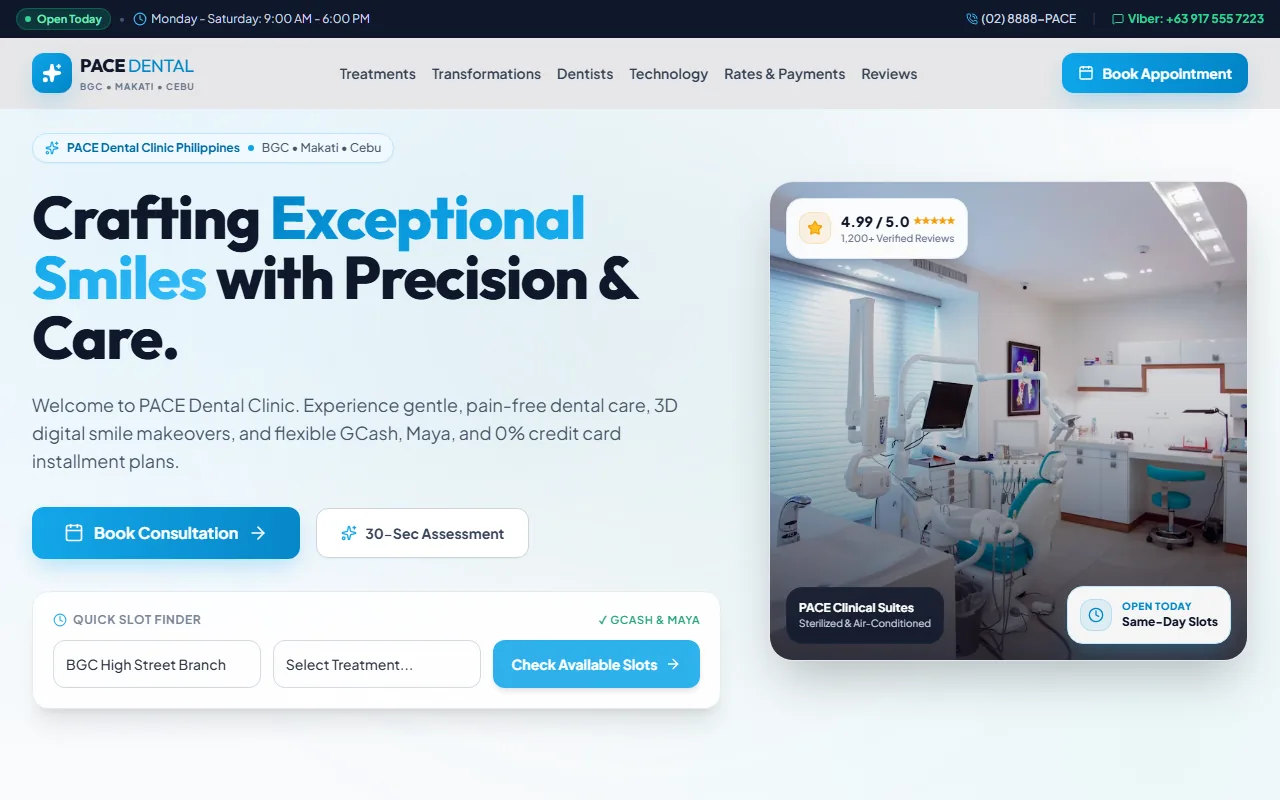 PACE Dental Clinic website home page.