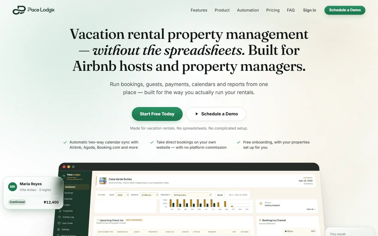Pace Lodgix software landing page.